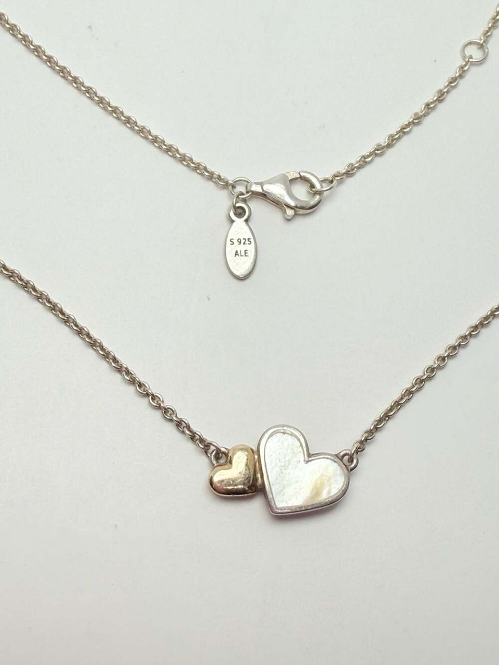 Pandora S 925 ALE Double Heart Mother of Pearl Sterling Silver Necklace